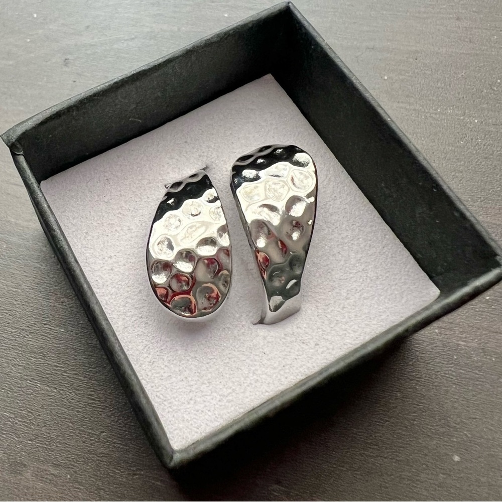 Silver Hammered Modern Asymmetrical Ring, Adjustable